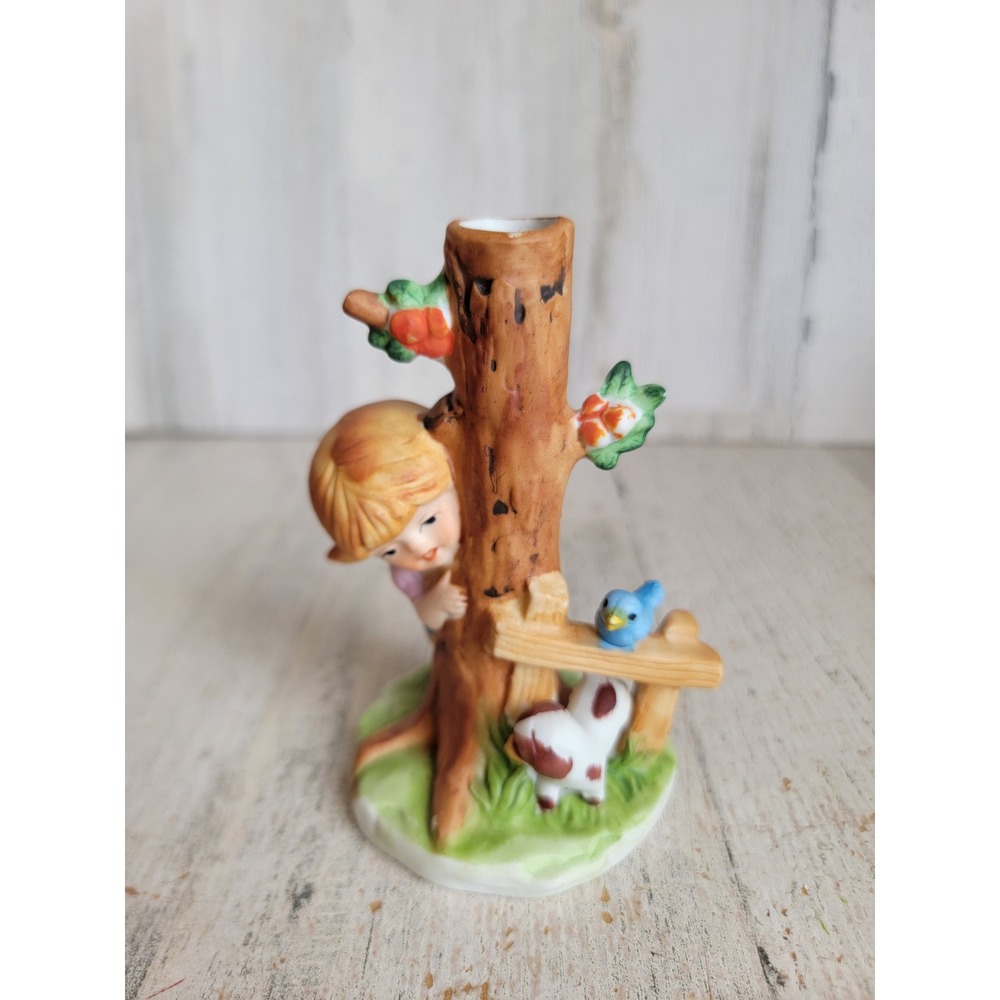 Enesco vintage porcelain girl hide and seek puppy game home decor figure
